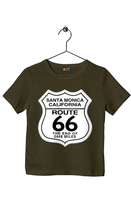 Children's t-shirt with prints Route 66. Bike, biker, biker club, bikers club, brother, brutal, dude, hot asphalt, hot horse, hot rod, motorcycle, motorcyclist, real man, road 50, road 66, road 80, roads of america, roads of ukraine, roads we choose, speed, take, thirst for speed. 2070702