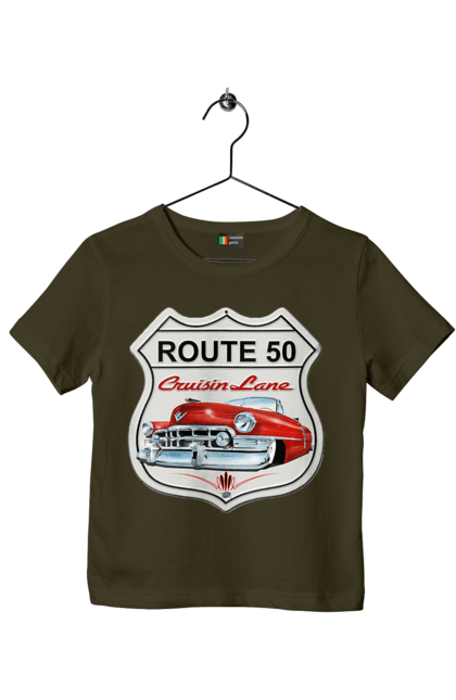 Children's t-shirt with prints Route 50. Bike, biker, biker club, bikers club, brother, brutal, dude, hot asphalt, hot horse, hot rod, motorcycle, motorcyclist, real man, road 50, road 66, road 80, roads of america, roads of ukraine, roads we choose, speed, take, thirst for speed. 2070702