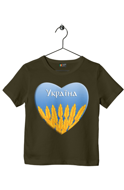 Футболка дитяча з принтом "Серце з колосками Україна". Воля, колоски, небо, перемога, прапор україни, пшениця, серце, символ україни, україна. 2070702