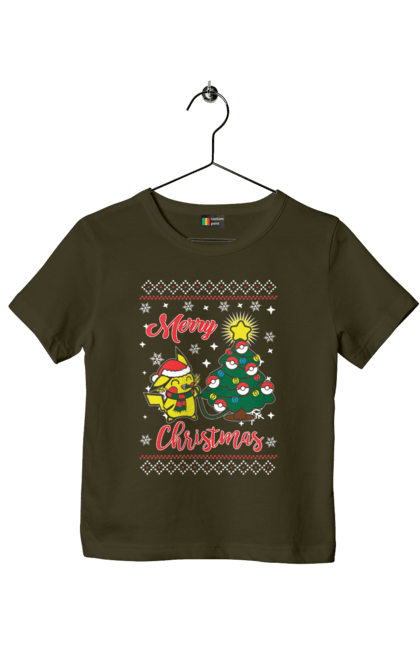 Children's t-shirt with prints Pikachu Merry Christmas. Anime, christmas, game, manga, merry christmas, nintendo, pikachu, pokemon. 2070702