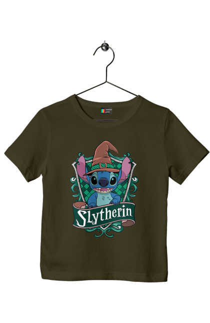 Children's t-shirt with prints Stich Slytherin. Faculty, franchise, harry potter, hogwarts, slytherin, stich. 2070702