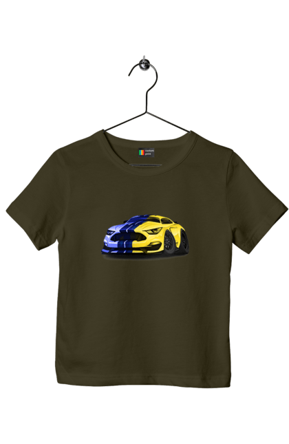 Children's t-shirt with prints Ukrainian mustang. Colors of ukraine, ford mustang, machine, mustang, shelby, supercar, yellow blue car. 2070702