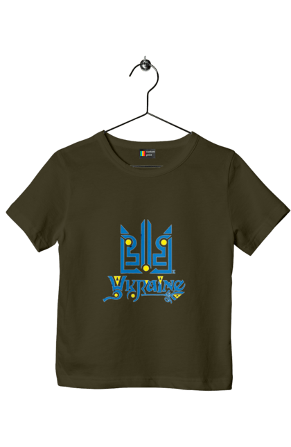 Футболка дитяча з принтом "Україна та тризуб темний фон". Sarabeevart, день незалежності, друк, купити, патріотична, слава україні, тризуб, україна. 2070702