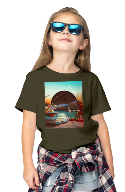 Футболка дитяча з принтом "Картина, машина біля річки". Картина, машина, планета, прикол, ретро, річка. 2070702