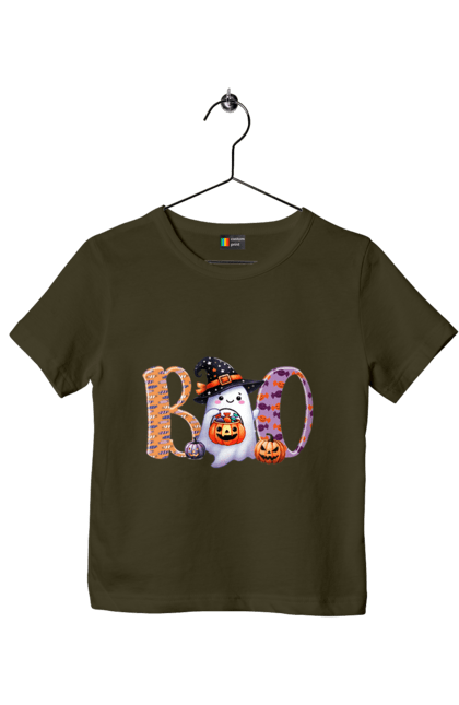 Children's t-shirt with prints Halloween Ghost. Costume, ghost, halloween, holiday, october, october 31, scary, sweets, trick or treat. 2070702