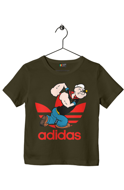 Футболка детская с принтом Adidas Моряк Попай. Adidas, popeye the sailor, адидас, комикс, моряк, мультфильм, сериал, трубка. 2070702