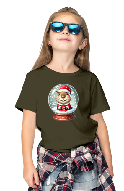 Children's t-shirt with prints Capybara in a snow globe. Animal, capybara, christmas, christmas capybara, gift, holiday, new year, new year`s gift, santa, snow globe. 2070702