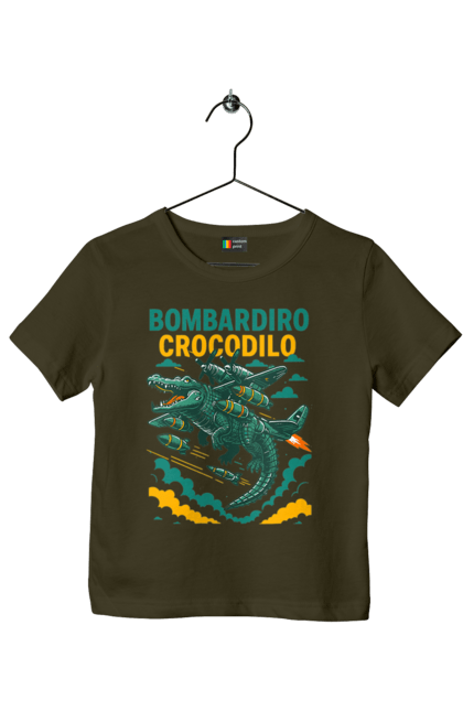 Футболка дитяча з принтом "Bombardino Crocodilo". Bombardino, bombardino crocodilo, crocodilo, бомбардіно крокоділо, крокодил, крокодил літак, крокодил мем, мем, мем бомбардине крокодило. 2070702
