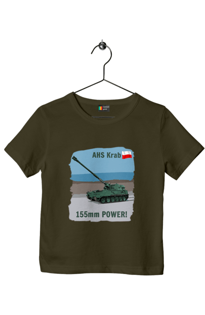 Футболка дитяча з принтом "155mm Power! САУ Krab оливковий". Ahs krab, артилерія, гаубиця, краб, польща, сау. 2070702