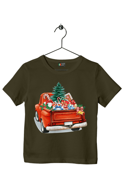 Футболка детская с принтом Авто с подарками. Автомобиль, елка, новый год, подарки, рождество, санта. 2070702