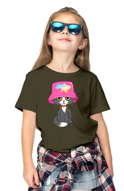 Футболка дитяча з принтом "Котик з картою україни". Євробачення, калош, кіт, котик, музика, панама калоша, символ україни, україна. 2070702