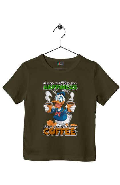 Children's t-shirt with prints Donald Duck Coffee. Animated series, cartoon, coffee, cup, disney, donald duck. 2070702