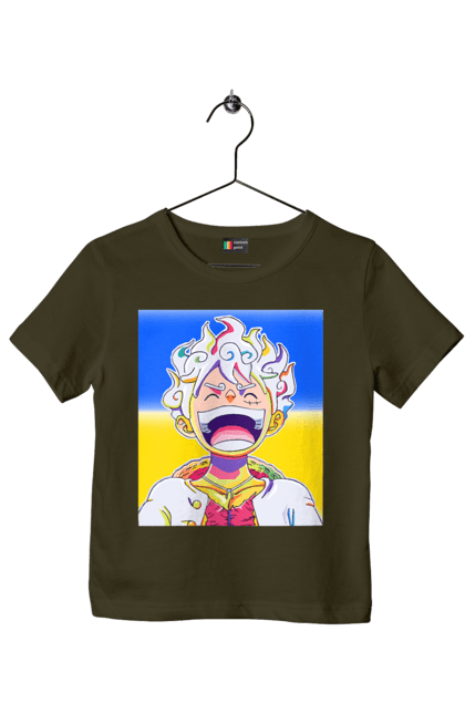 Футболка дитяча з принтом "Монкі д Луффі сміється на жовто блактному фоні". Ван піс, луффі, монкі д. луффі, прапор україни, символ україни, україна. 2070702