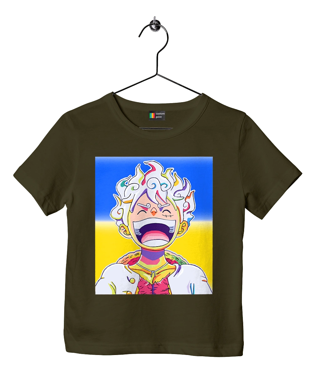 Monkey D Luffy laughing on a yellow blue background