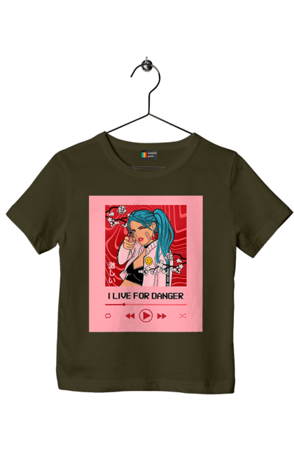 Children's t-shirt with prints I Live For Danger. Anime, music, pistol, turntable. 2070702