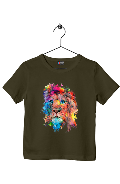 Children's t-shirt with prints Lion of paint. Colorful lion, coloring, holiday lion, holly, indian lion, lion, lion and holly, paints. 2070702