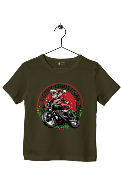 Футболка дитяча з принтом "Щасливого Різдва, дід мороз на мотоциклі". 2022, дід мороз, зима, мотоцикл, новий рік, подарунки, різдво, санта, сніг. 2070702