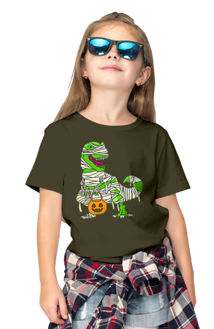 Children's t-shirt with prints Halloween Dinosaur. Costume, dinosaur, halloween, holiday, october, october 31, pumpkin, sweets, trick or treat. 2070702