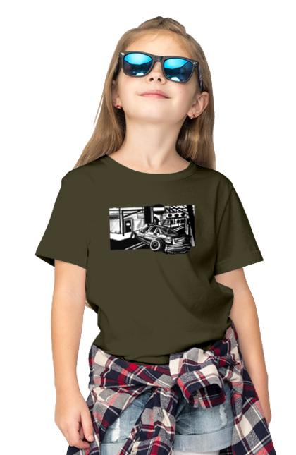 Children's t-shirt with prints Dangerous Car on the roads of the streets. Black and white, car, dangerous, fast, machine, race. 2070702