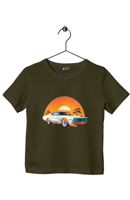 Children's t-shirt with prints Beautiful car at sunset. Auto, decline, sun. 2070702
