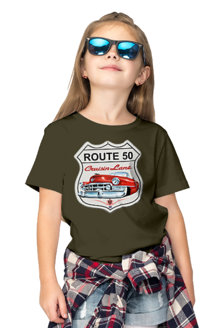 Children's t-shirt with prints Route 50. Bike, biker, biker club, bikers club, brother, brutal, dude, hot asphalt, hot horse, hot rod, motorcycle, motorcyclist, real man, road 50, road 66, road 80, roads of america, roads of ukraine, roads we choose, speed, take, thirst for speed. 2070702