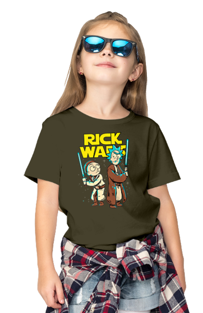 Children's t-shirt with prints Rick and Morty. Adventures, black humor, cartoon, rick, rick and morty, sci-fi, star wars, tragicomedy. 2070702