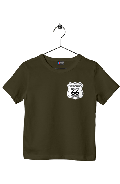 Children's t-shirt with prints Route 66. Bike, biker, biker club, bikers club, brother, brutal, dude, hot asphalt, hot horse, hot rod, motorcycle, motorcyclist, real man, road 50, road 66, road 80, roads of america, roads of ukraine, roads we choose, speed, take, thirst for speed. 2070702