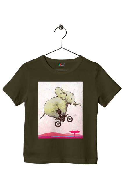 Футболка дитяча з принтом "Слон На Мотоциклі". Мотоцикл, політ, слон. 2070702