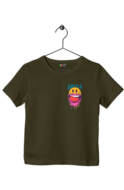 Футболка дитяча з принтом "Літній смайл". Брутальний смайл, весела пика, жарко, комп`ютерна посмішка, людина з посмішкою, пика, посмішка, смайл, смайлик, усміхнена пика. 2070702