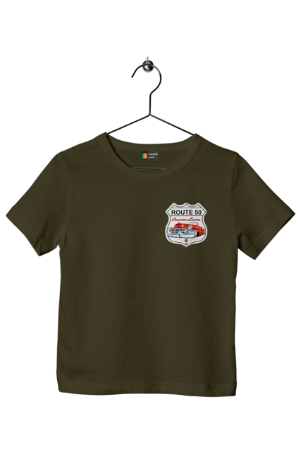 Children's t-shirt with prints Route 50. Bike, biker, biker club, bikers club, brother, brutal, dude, hot asphalt, hot horse, hot rod, motorcycle, motorcyclist, real man, road 50, road 66, road 80, roads of america, roads of ukraine, roads we choose, speed, take, thirst for speed. 2070702