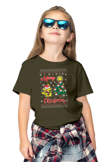 Children's t-shirt with prints Pikachu Merry Christmas. Anime, christmas, game, manga, merry christmas, nintendo, pikachu, pokemon. 2070702