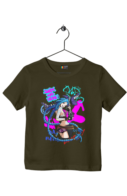 Children's t-shirt with prints Arcane. Animated series, arcane, fantasy, fortiche, jinx, league of legends, riot games, violet. 2070702