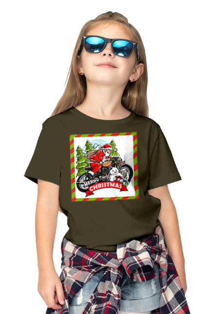 Children's t-shirt with prints Santa on a motorcycle. Christmas, motorcycle, new year, presents, santa, snowman, tree. 2070702