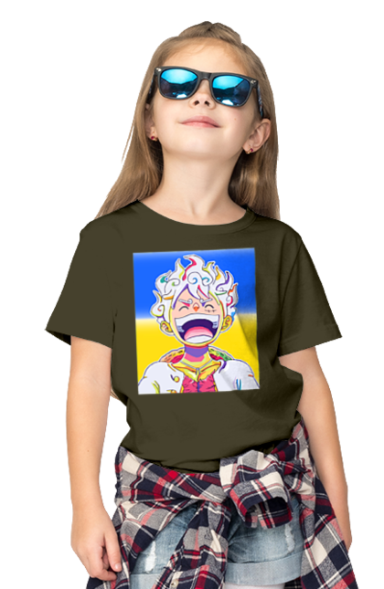 Футболка дитяча з принтом "Монкі д Луффі сміється на жовто блактному фоні". Ван піс, луффі, монкі д. луффі, прапор україни, символ україни, україна. 2070702