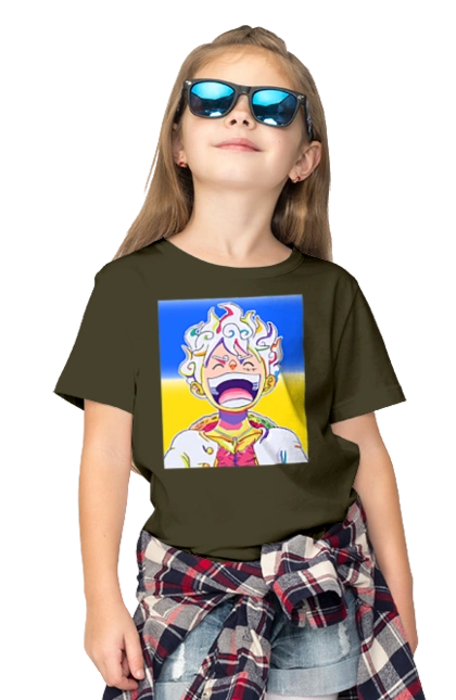 Monkey D Luffy laughing on a yellow blue background