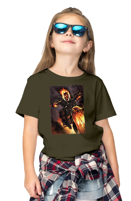 Children's t-shirt with prints Hell Racer. Chopper, fire, hell racer, motorcycle, skeleton. 2070702