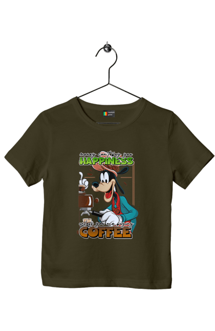 Children's t-shirt with prints Goofy Coffee. Animated series, cartoon, coffee, cup, disney, dog, goofy. 2070702