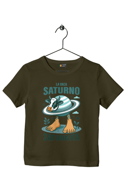 Футболка дитяча з принтом "Lavaca Saturno Saturnita". Брейнрот, італійська гнилизна мозку, італійський брейнрот, італійський мем, італійські меми, корова сатурн, ла вака, ла вака сатурно, лавака сатурно, сатурно сатурніто. 2070702