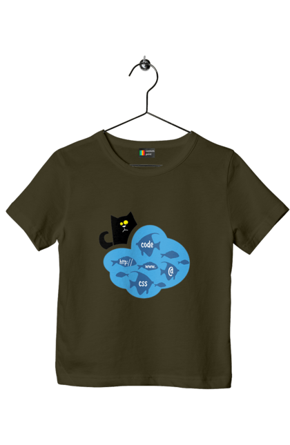 Футболка дитяча з принтом "Кіт програміст". Angular, c, css, html, it, javascript, jquery, php, python, react, svelt, vue, айтишник, айті, гумор, код, кодувати, прогер, програміст, програмісти, ти ж, ти ж програміст, тиж програміст. 2070702