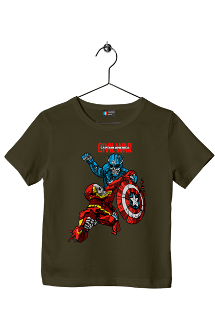 Children's t-shirt with prints Iron Man vs Captain America. Avengers, captain america, civil war, comic, comics, film, iron man, marvel, marvel comics, tony stark. 2070702