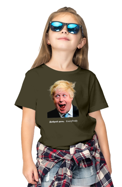 Футболка дитяча з принтом "Добрий день everybody". Everybody, himars, m270, англія, боря, джонсон, джонсонюк, добрий вечір, добрий день everybody, доброго вечора, друг україни, кращий друг, прем`єр-міністр, рука допомоги, справжній друг, справжній міністр. 2070702
