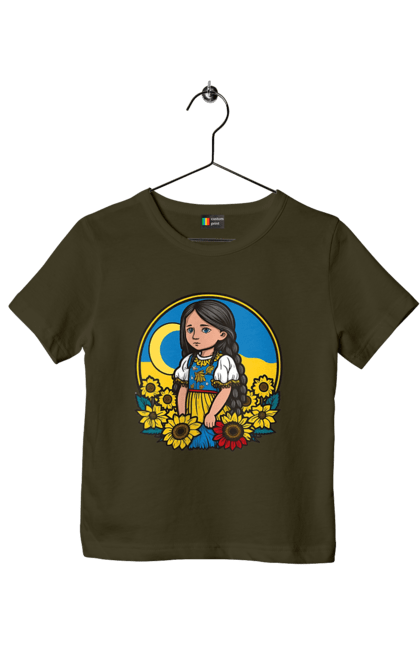 Футболка дитяча з принтом "Мила Українська дівчинка". Блакитний, жовтий, жовто-блакитний, зроблено в україні, патріот, патріоти україни, підтримую україну, прапор україни, україна, українська дівчинка. 2070702