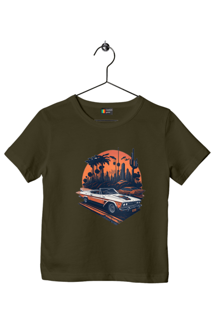 Футболка дитяча з принтом "Гарне авто на закаті". Авто, закат, захід сонця, солнце, сонце. 2070702
