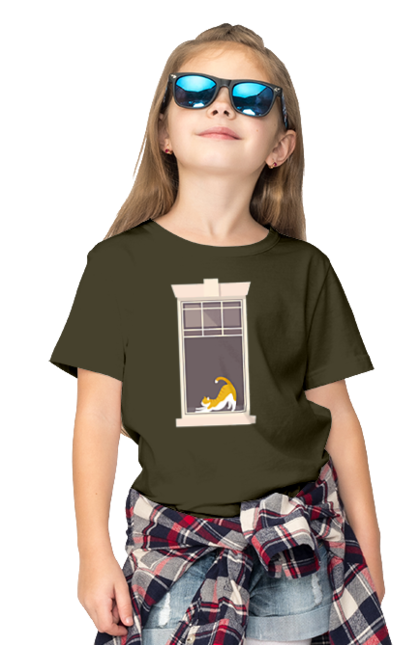 Children's t-shirt with prints Cat In The Window. Cat, redhead, sippers, window. 2070702