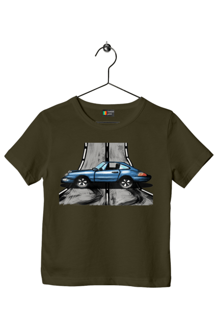 Футболка дитяча з принтом "Спортивний Автомобіль На Дорозі". Автомобіль, гонки, синій, спортиного, швидкий, швидкісний. 2070702