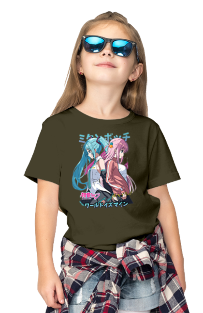 Children's t-shirt with prints Hatsune Miku and Hitori Gotou. Anime, bocchi the rock, hatsune miku, hitori goto, hitori gotou, lonely rocker, miku, rocker, vocaloid. 2070702