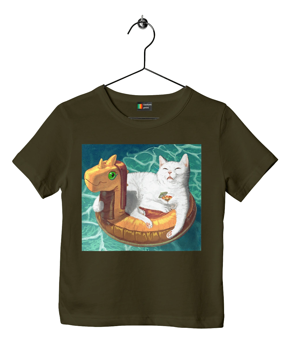 White cat in a swimming circle on vacation