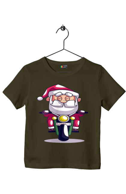 Футболка дитяча з принтом "Щасливий Санта на мотоциклі". 2022, дід мороз, зима, мотоцикл, новий рік, різдво, санта, сніг. 2070702