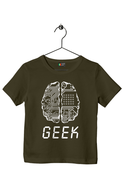 Футболка дитяча з принтом "Гик Мозок". Айті, айтішник, гик, знання, інженер, кібер, кібернетика, кіборг, код, комп, комп’ютерник, кристал, мікросхема, мозок, програміст, професіонал, професссія, розробник, розум, чіп. 2070702