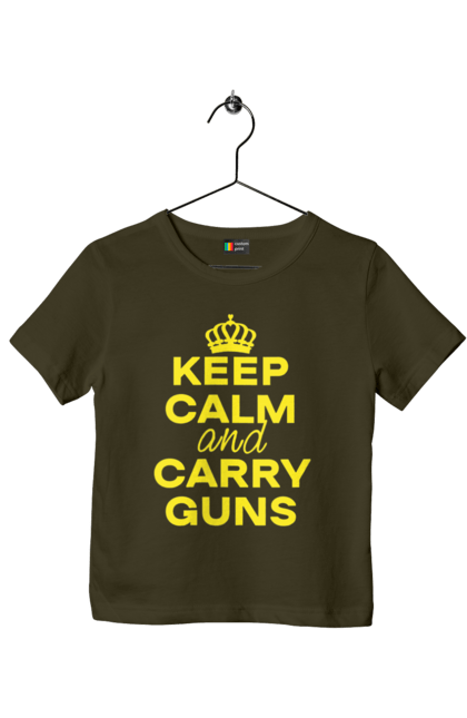 Футболка дитяча з принтом "Зберігайте Спокій та Носіть Зброю". Брутальні, зберігайте спокій, меми, носіть зброю, популярні, прикольні, тексти, тренди. 2070702